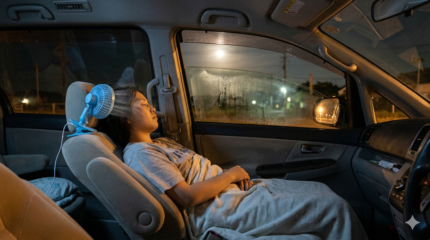 夏の車中泊 扇風機で快適に眠る様子
