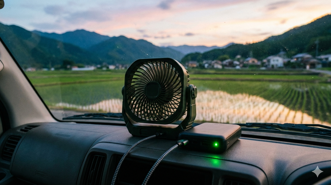 車中泊 扇風機とポータブル電源の組み合わせ ダッシュボード設置