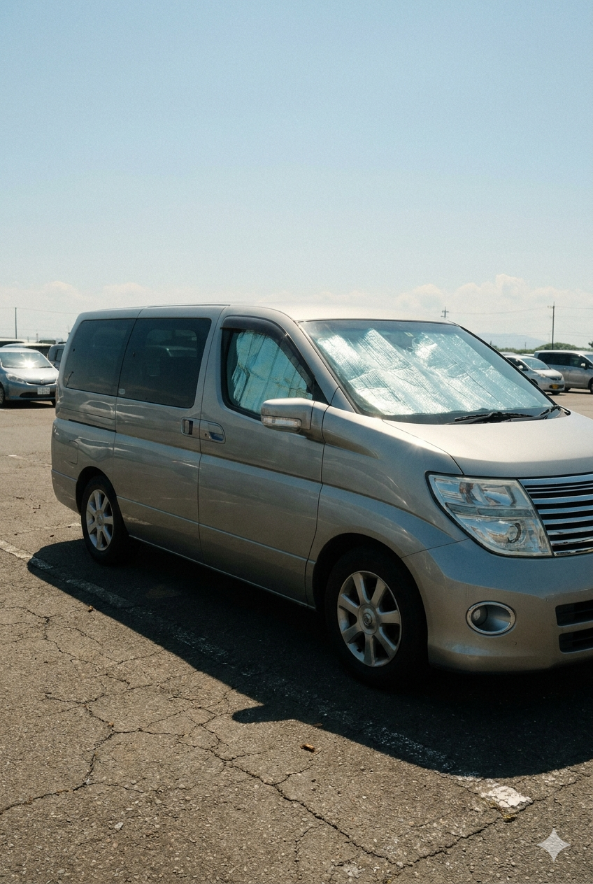 車中泊用サンシェード 夏の駐車場で全窓に装着