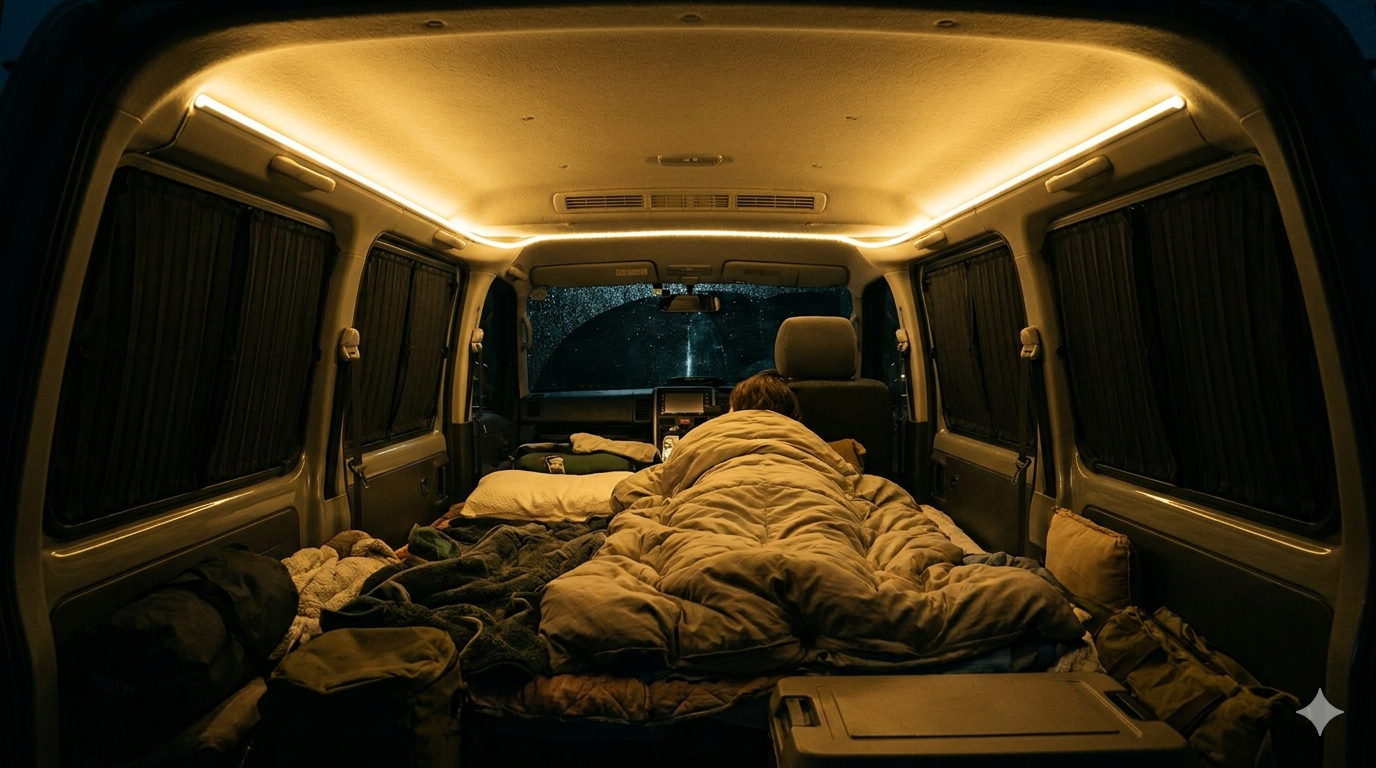 夜の車中泊 サンシェードでプライバシー保護 快適な睡眠