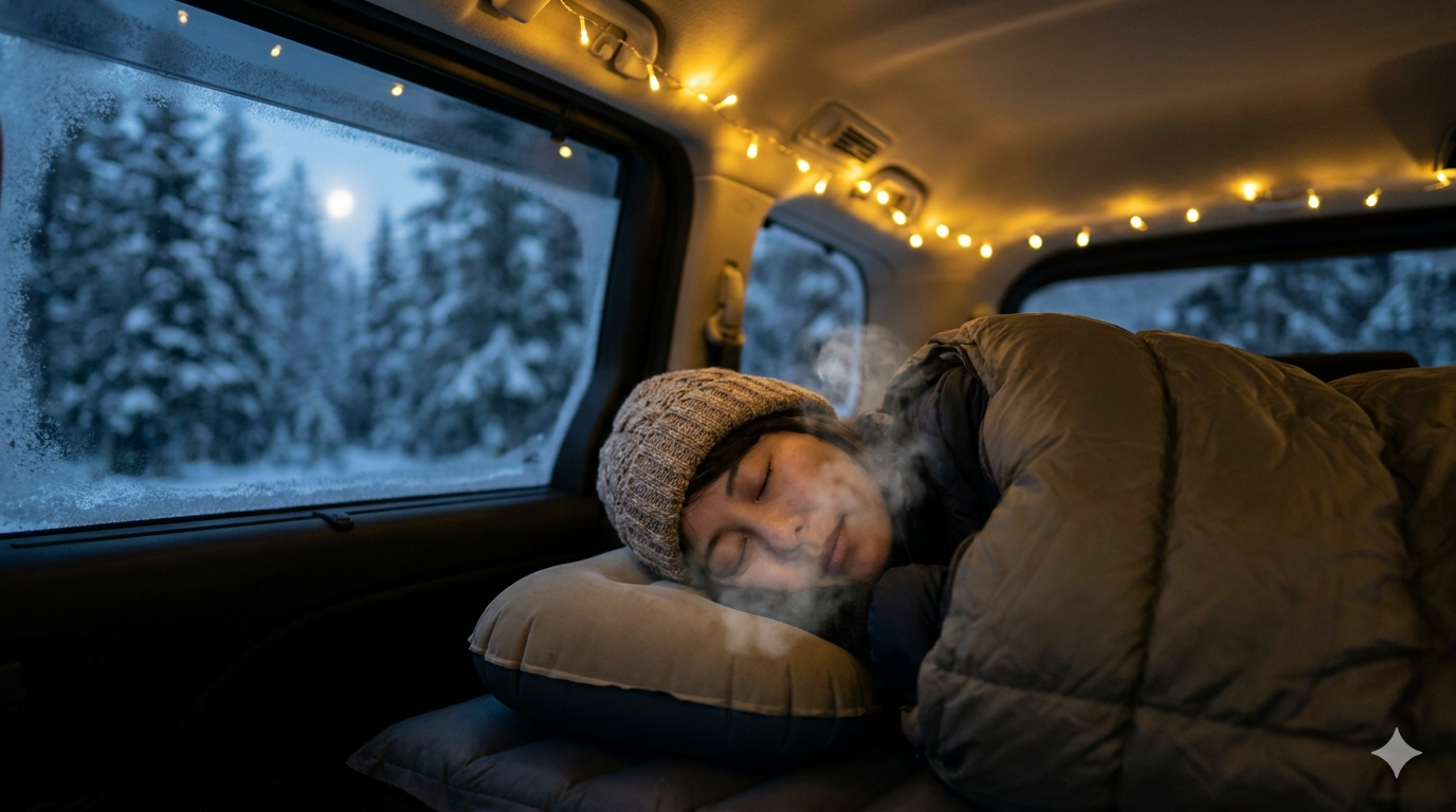 冬の車中泊、コンパクト枕で快適に眠る女性。窓に霜が張り、森が見える