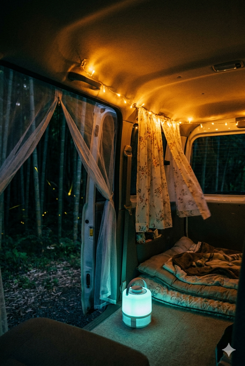 夏の夜、蚊帳を張った車中泊の車内。蛍が飛ぶ竹林の前で虫除けグッズを使用