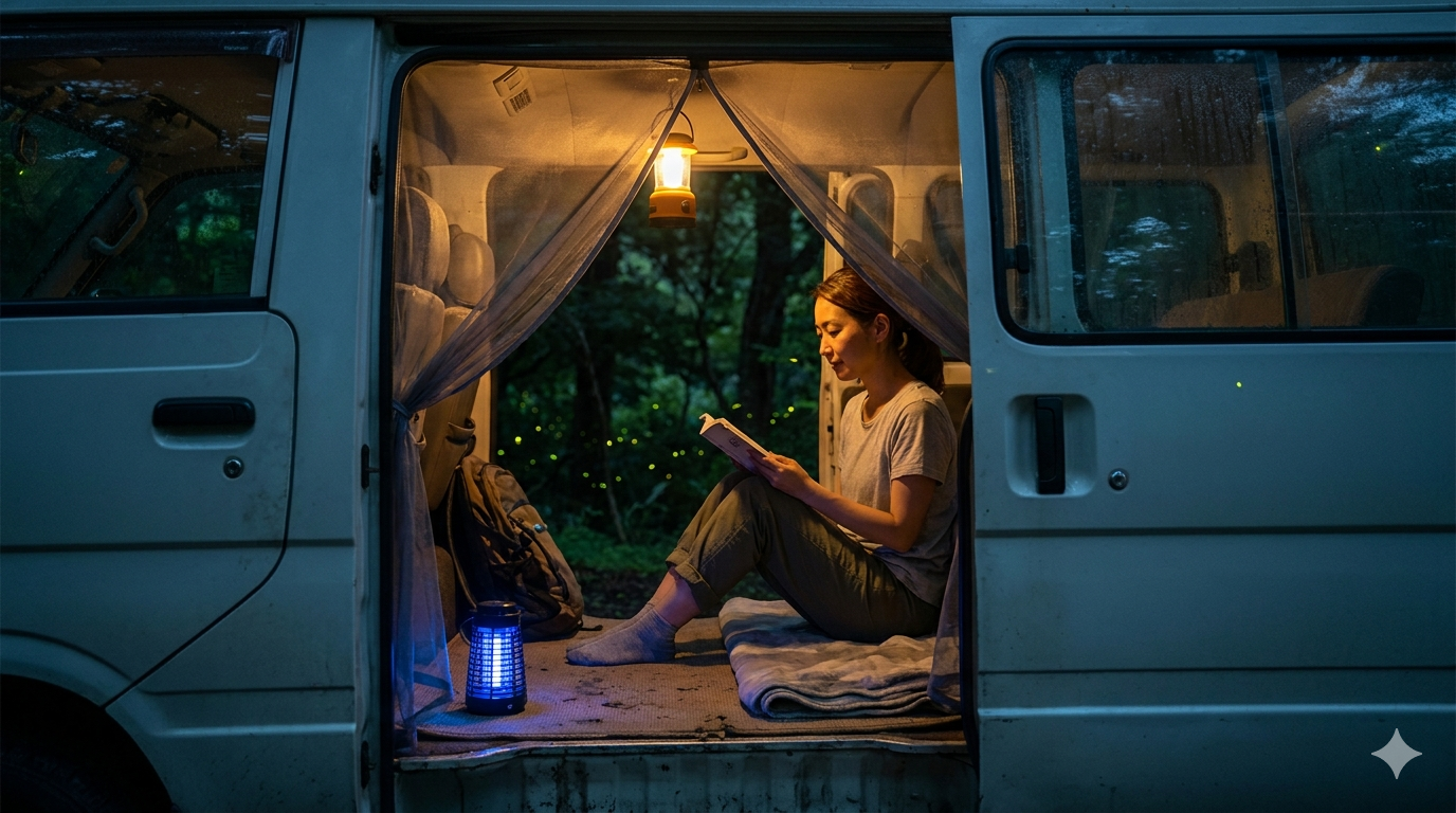 夏の夜、蚊帳を張った車内で読書する女性。蛍が飛ぶ森の前で虫除けグッズを活用