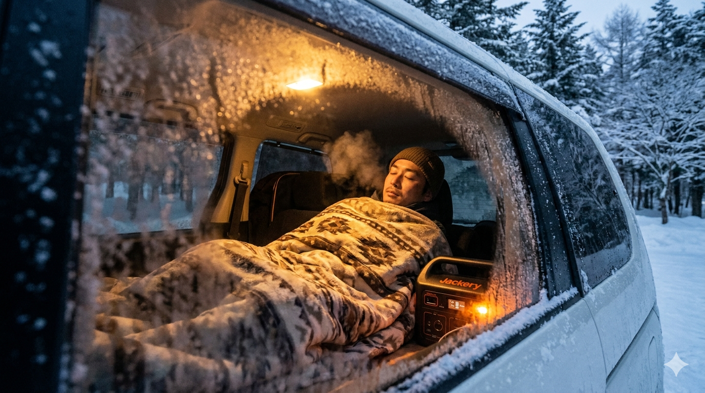 真冬の車中泊、電気毛布をかけて眠る男性。窓に霜の結晶が広がり雪が降る。Jackeryが光る