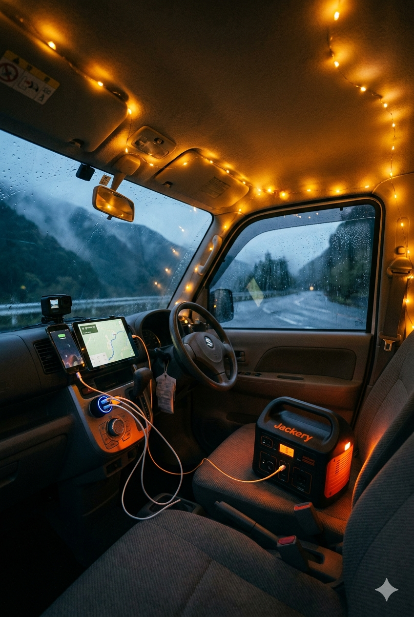 車中泊の夜、スマホ・タブレット・カメラを同時充電。JackeryポータブルとUSB充電器で完全充電環境