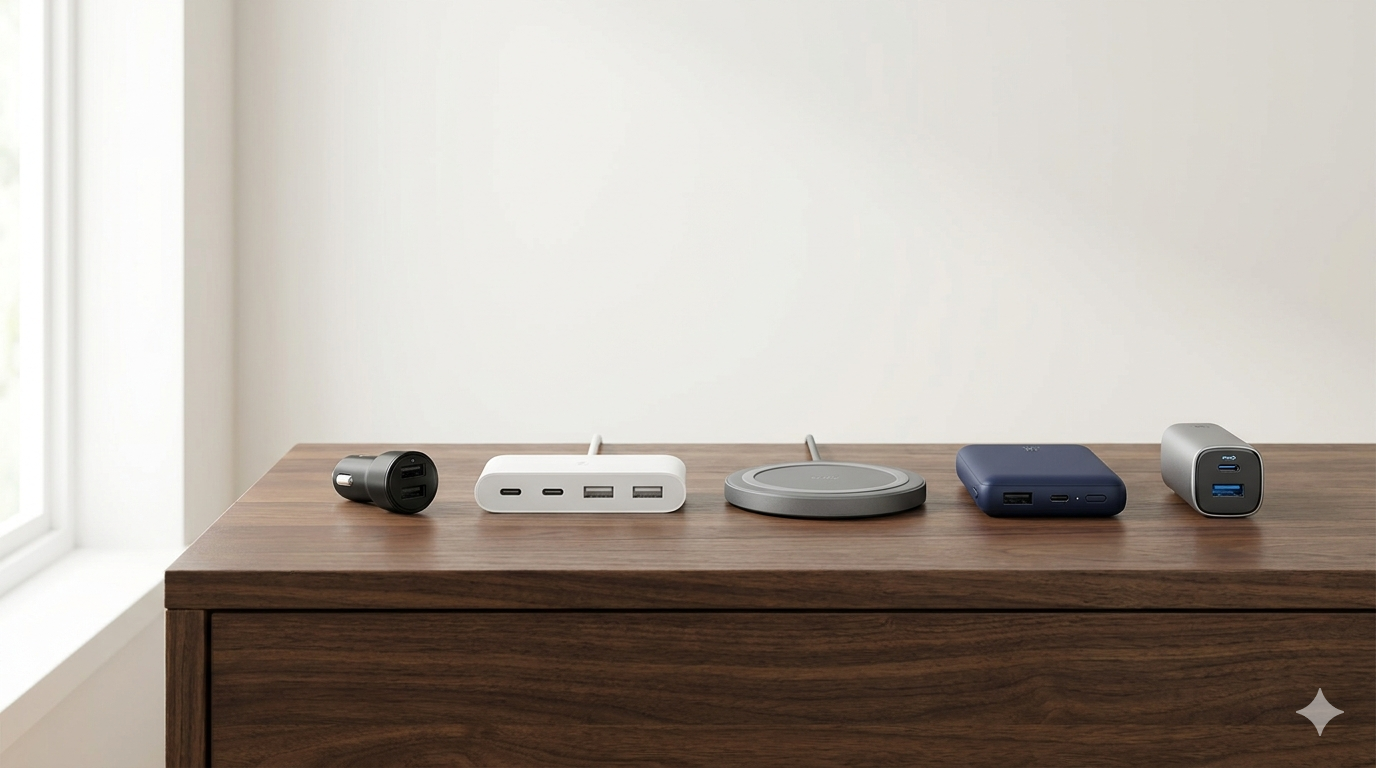 シガーソケット充電器・マルチポートUSB-Cハブ・ワイヤレス充電パッド・モバイルバッテリー・デュアルポート急速充電器の5種類を並べて比較