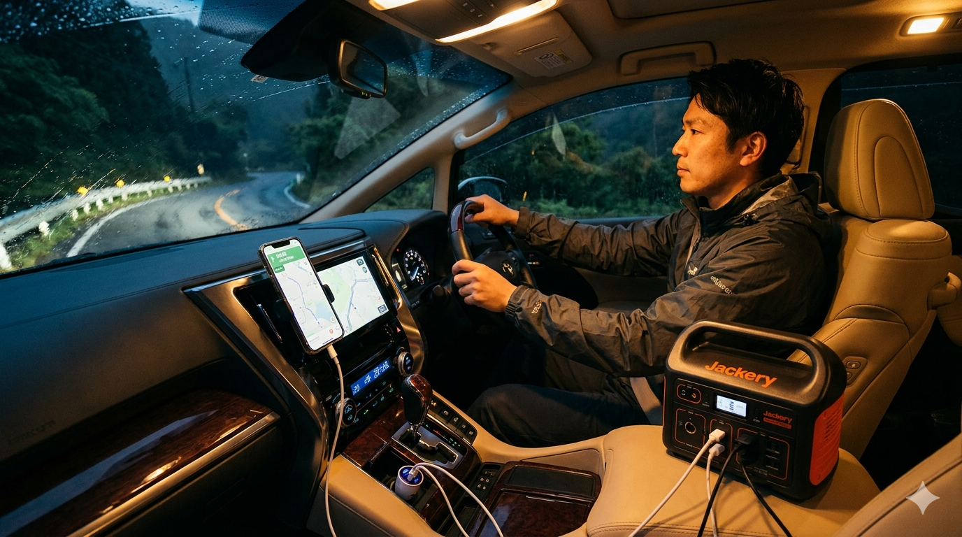 夜の山道をナビしながら車載充電器でスマホを充電。JackeryポータブルとUSBハブで複数デバイスに対応
