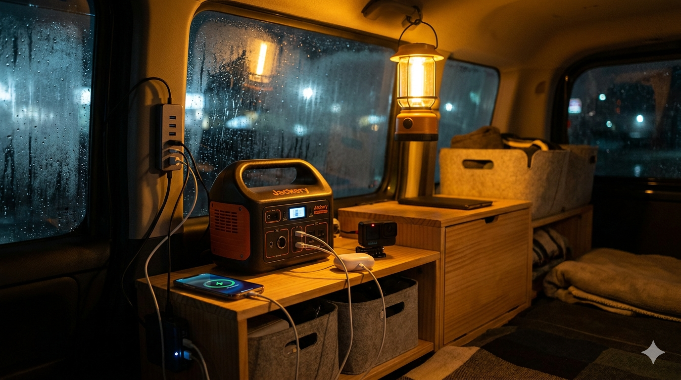 車中泊の完全充電環境:スマホ・イヤホン・カメラをJackeryポータブル電源とマルチUSBハブで同時充電
