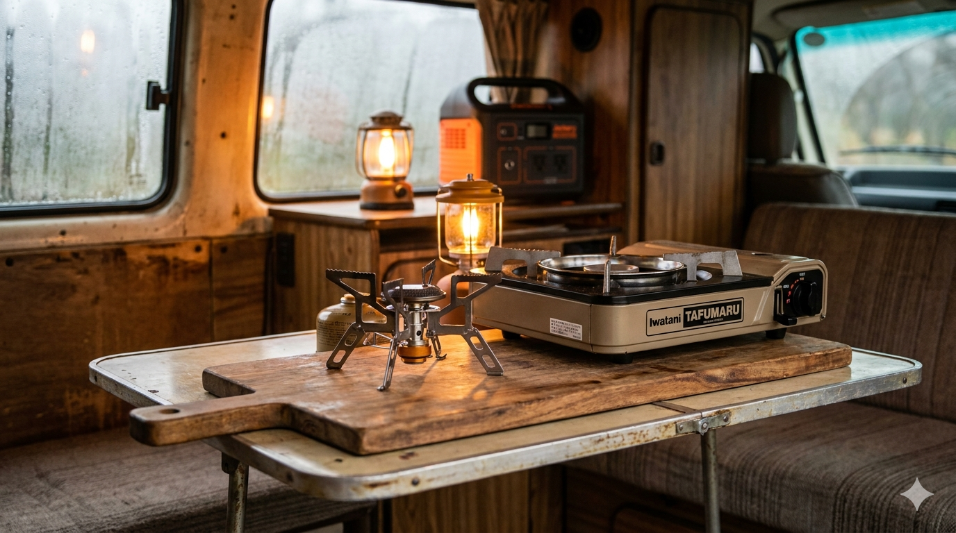 秋の霧の朝、SOTOアミカスでラーメンを調理する男性。Jackeryポータブル電源が見える車のドア前で蒸気が立ち上る