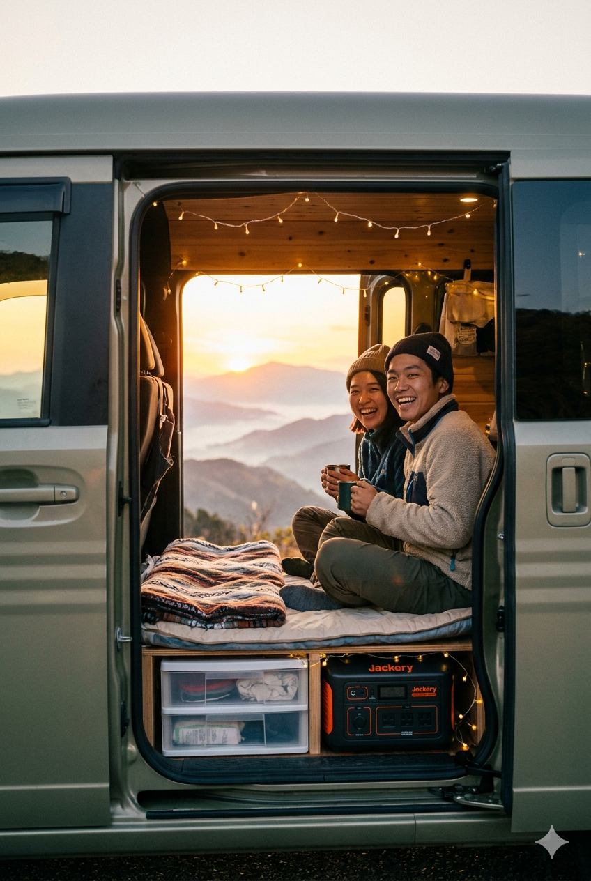 初めての車中泊に出発する若いカップル。夕日の山々を背景にミニバンのスライドドアを開けて笑顔