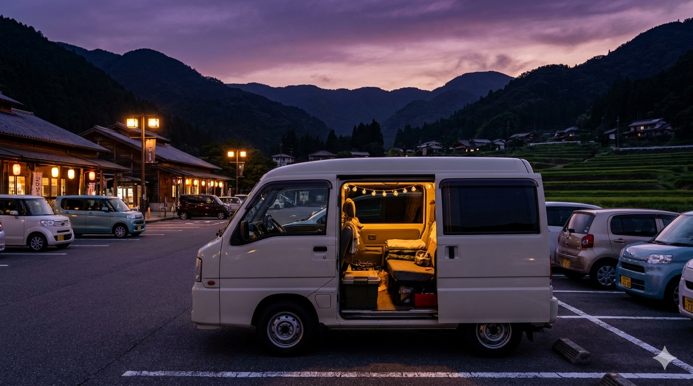 夕暮れ時の道の駅に駐車した軽自動車。山々と田んぼを背景に車中泊スポットとして安心できる環境