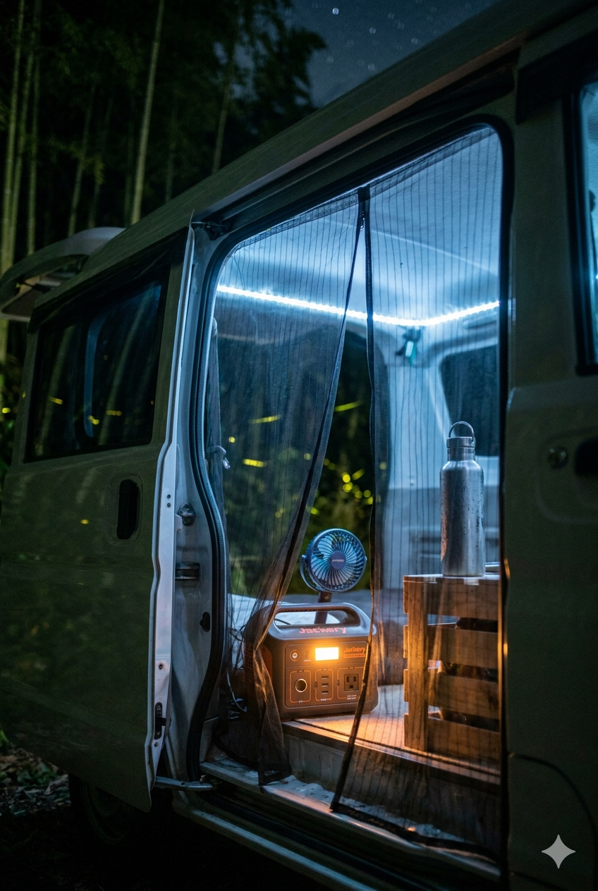 夏の夜、蚊帳を張った車中泊の車内。USB扇風機とJackeryポータブル電源で涼しく快眠。蛍が飛ぶ竹林