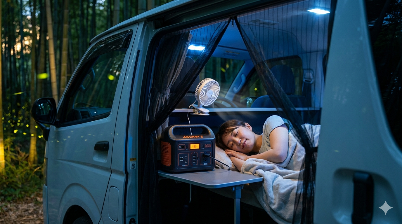 夏の夜、USB扇風機をJackeryポータブル電源に接続して快眠する女性。蚊帳越しに蛍が見える