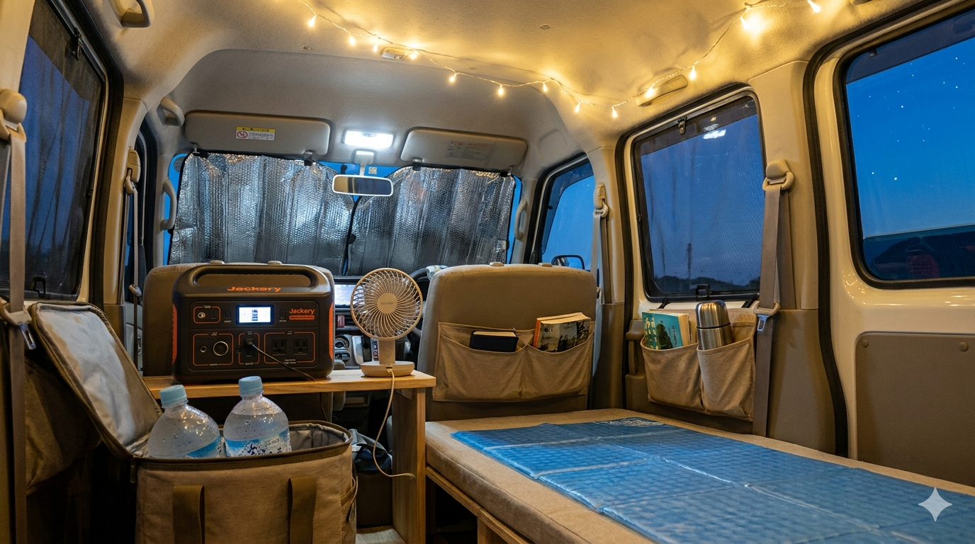 夏の車中泊の完全暑さ対策セット:USB扇風機・サンシェード・冷感マット・Jackeryポータブル電源を組み合わせた車内