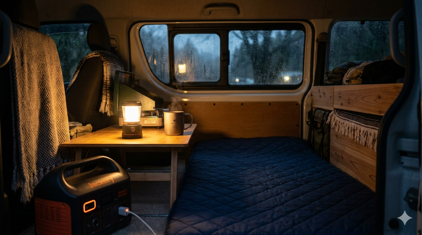 夜の車中泊インテリア：WAQキャンピングマット・LEDランタン・チタンマグ・Jackeryポータブル電源が揃った完全セットアップ