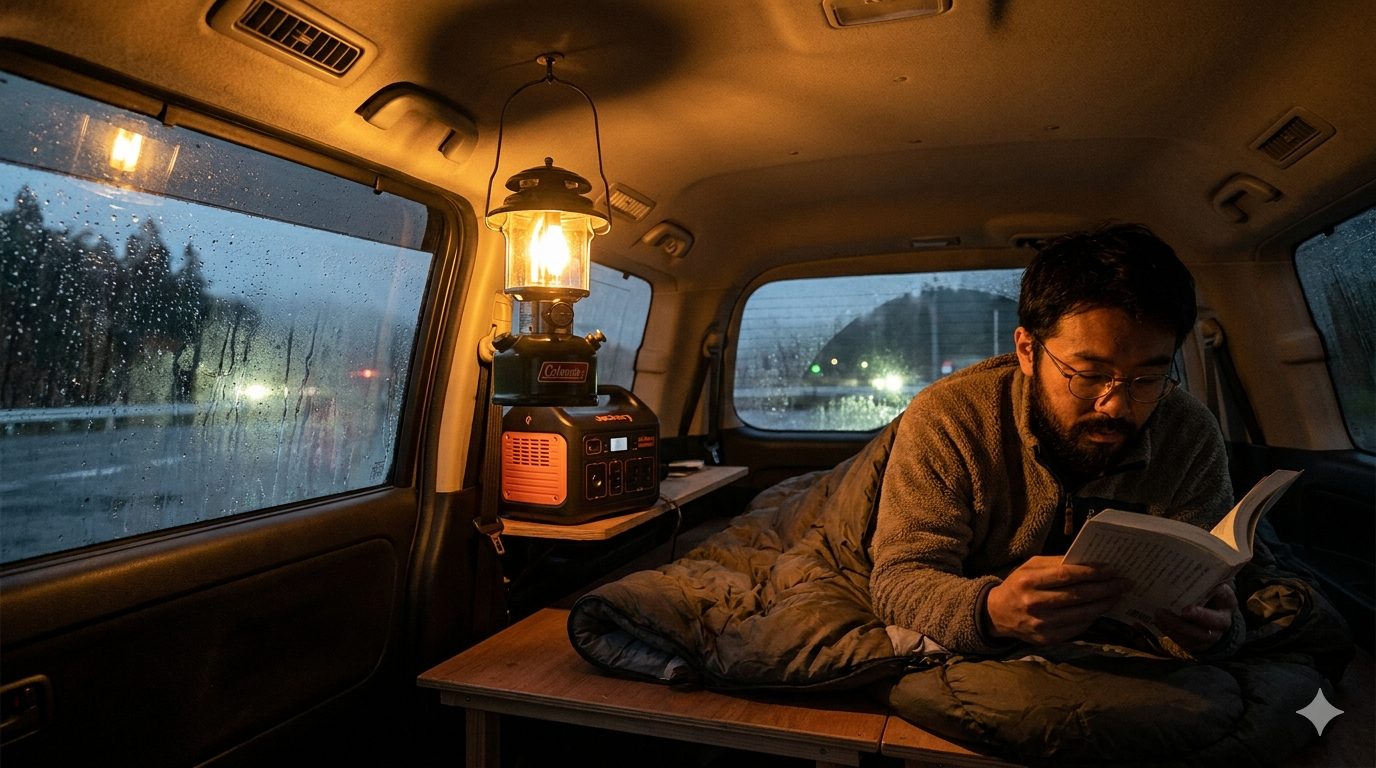 ガスランタンの温かい炎の光(左)とLEDランタンの白い光(右)を車内で並べて比較。雰囲気の違いが一目瞭然