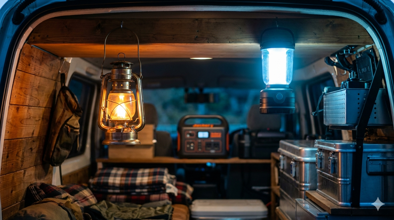 雨の夜の車内でガスランタンを灯しながら読書する男性。Jackeryポータブル電源が光り窓に雨粒が流れる