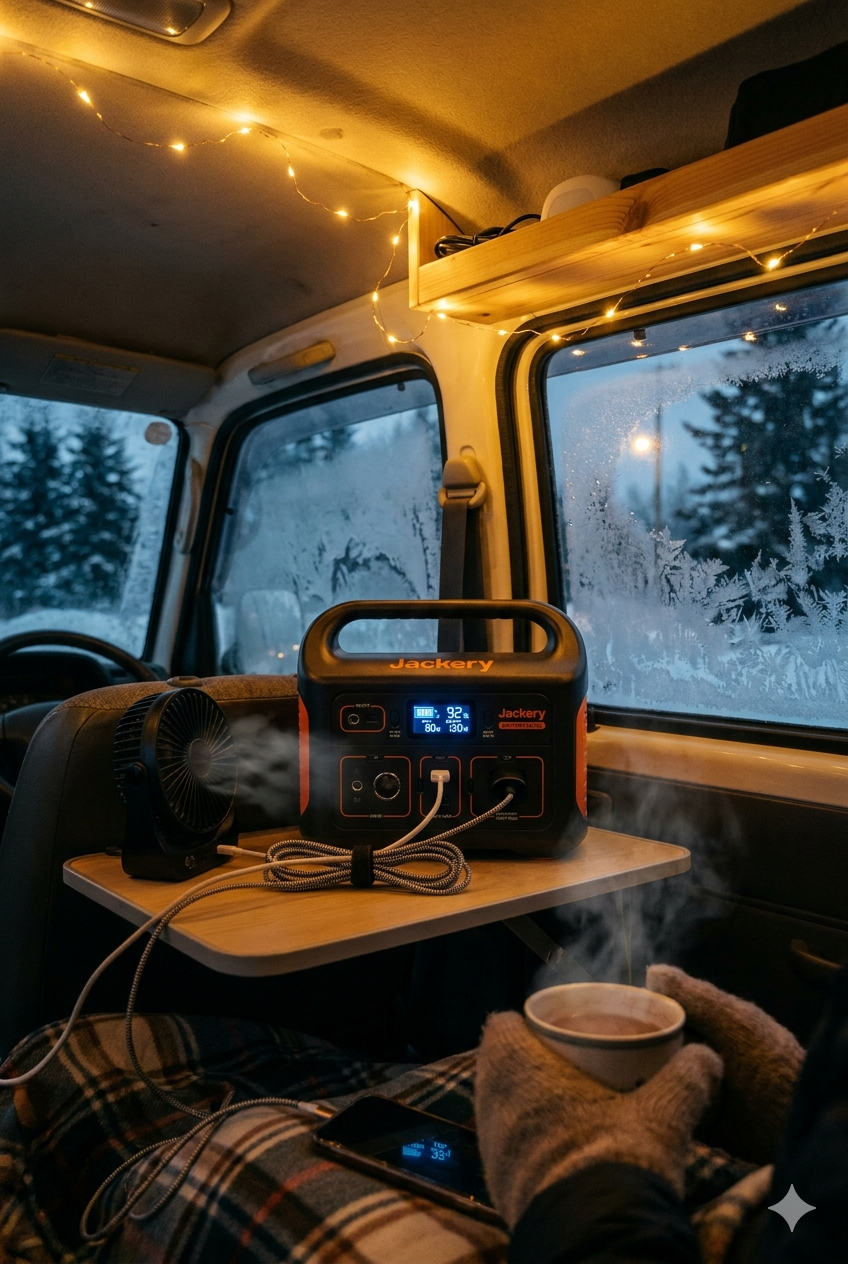 真冬の車中泊、Jackeryポータブル電源1000Newが複数デバイスを充電。窓に霜が張り息が白くなる車内