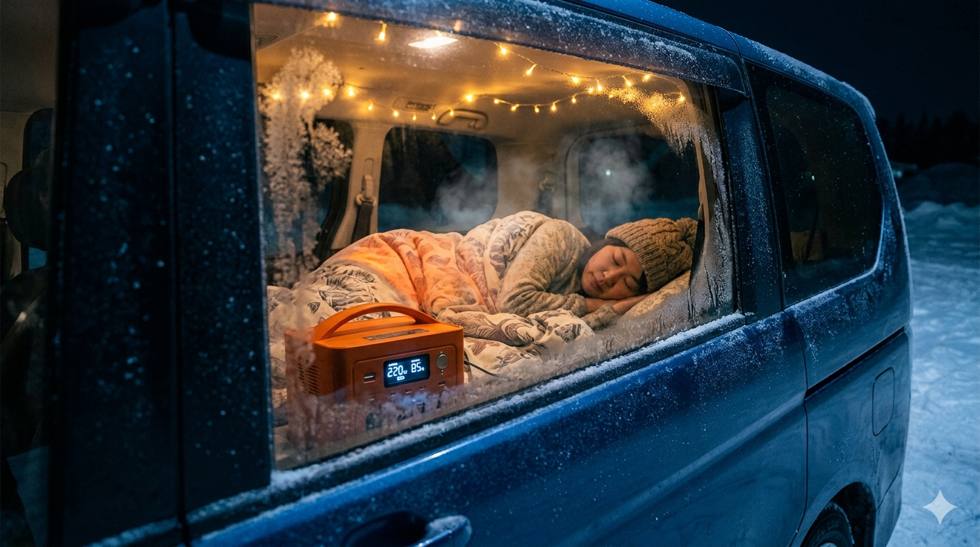 Jackery 1000 Newに電気毛布が接続された冬の車中泊。女性が快眠し窓に霜が張る