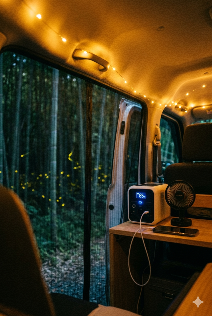 夏の夜、Ankerポータブル電源でUSB扇風機とスマホを充電。蚊帳を張った車中泊の車内で蛍が光る