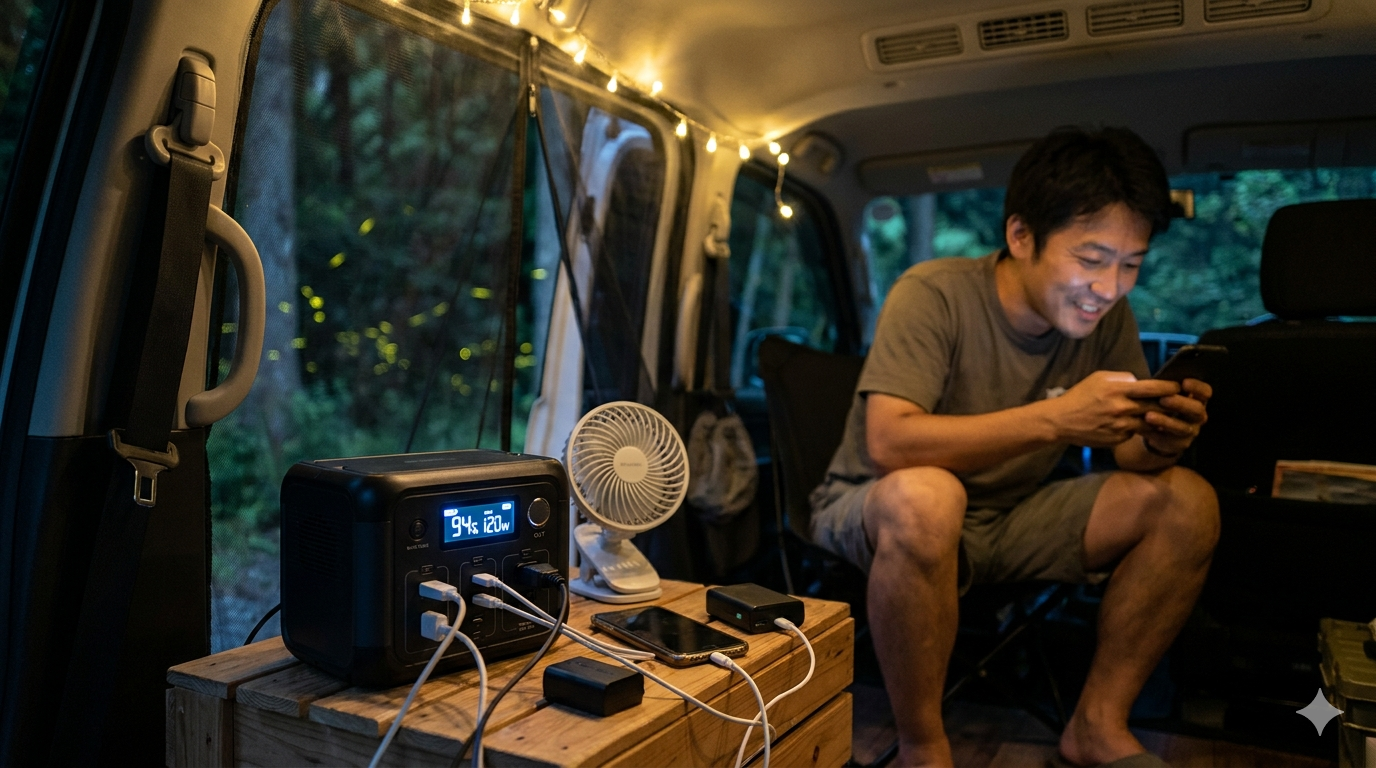 Ankerポータブル電源でUSB扇風機・スマホを充電する男性。夏の夜の車中泊、蚊帳越しに蛍が見える