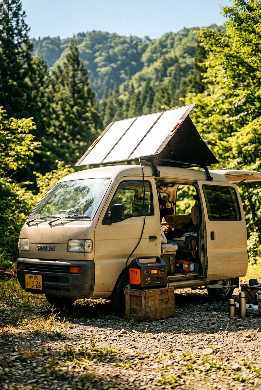晴れた夏の朝、Jackery SolarSagaをミニバンの屋根に設置してJackeryポータブル電源に充電。山の森が背景