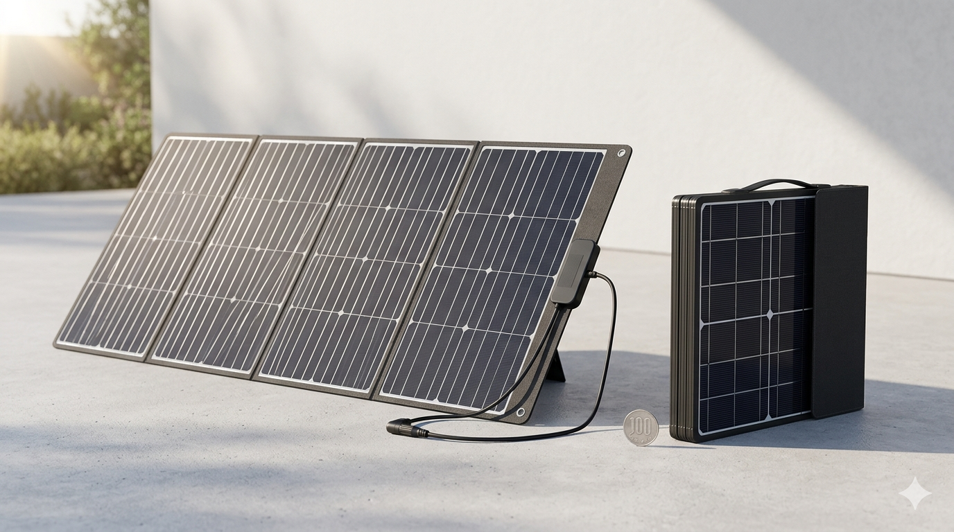 Jackery SolarSaga 100を展開した状態と折りたたんだ状態を100円玉と並べてサイズ比較。単結晶セルの質感がわかる