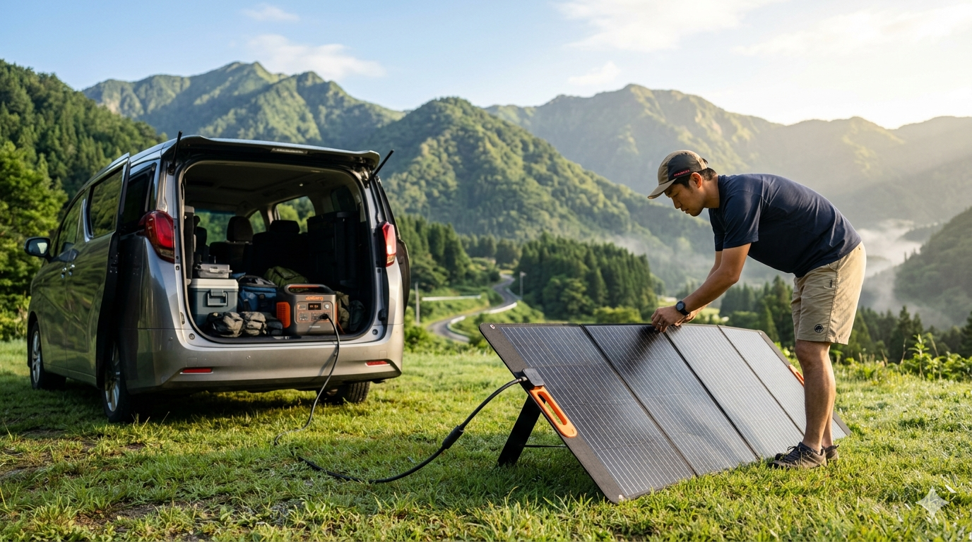 晴れた夏の日、Jackery SolarSagaをセットアップする男性。Jackeryポータブル電源に接続してケーブルが車内へ