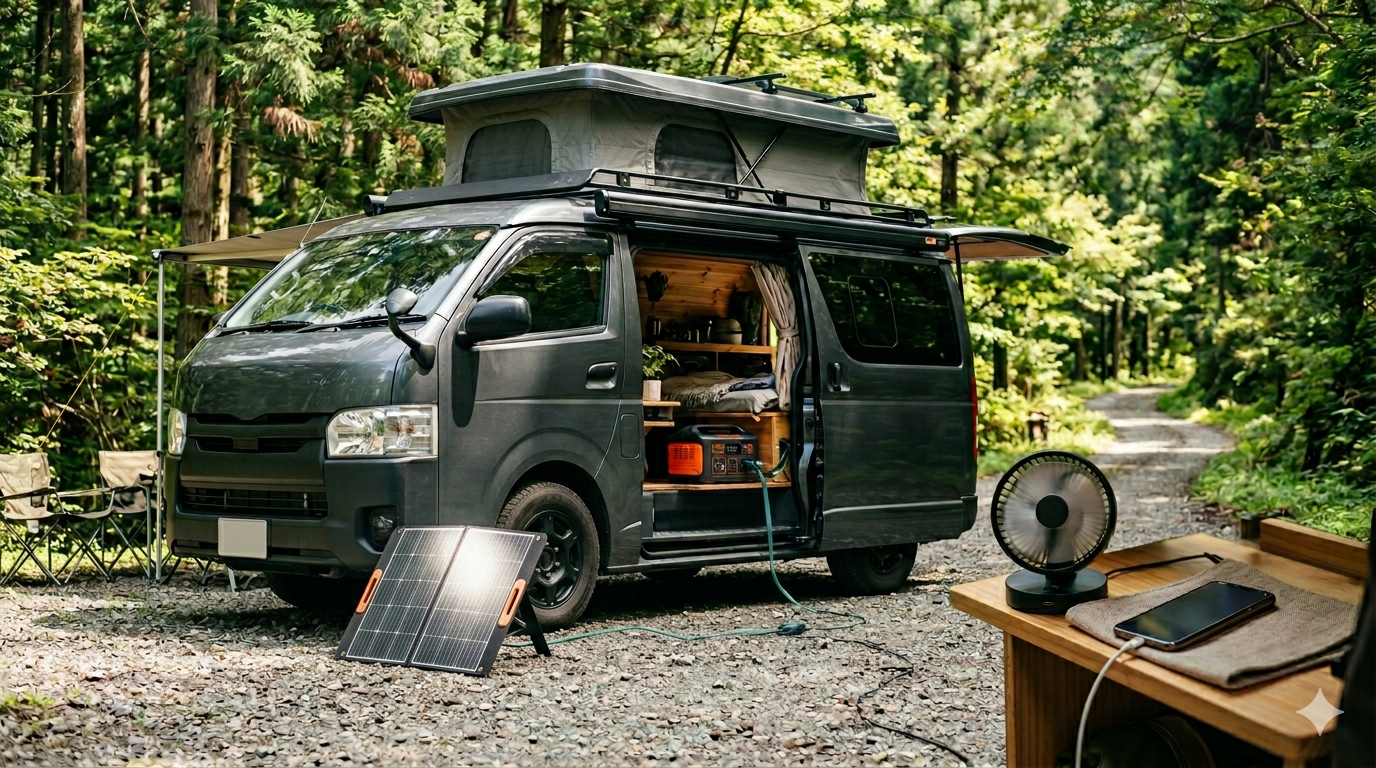 Jackery SolarSagaをvan外に設置してJackeryポータブル電源・USB扇風機・スマホを同時充電する完全ソーラー車中泊セットアップ