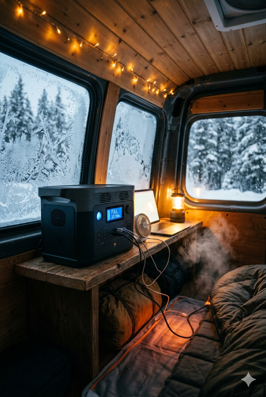 真冬の猛吹雪の夜、BLUETTIポータブル電源3014Whが電気毛布・扇風機・ノートPC・ランタンを同時稼働。窓に霜と雪