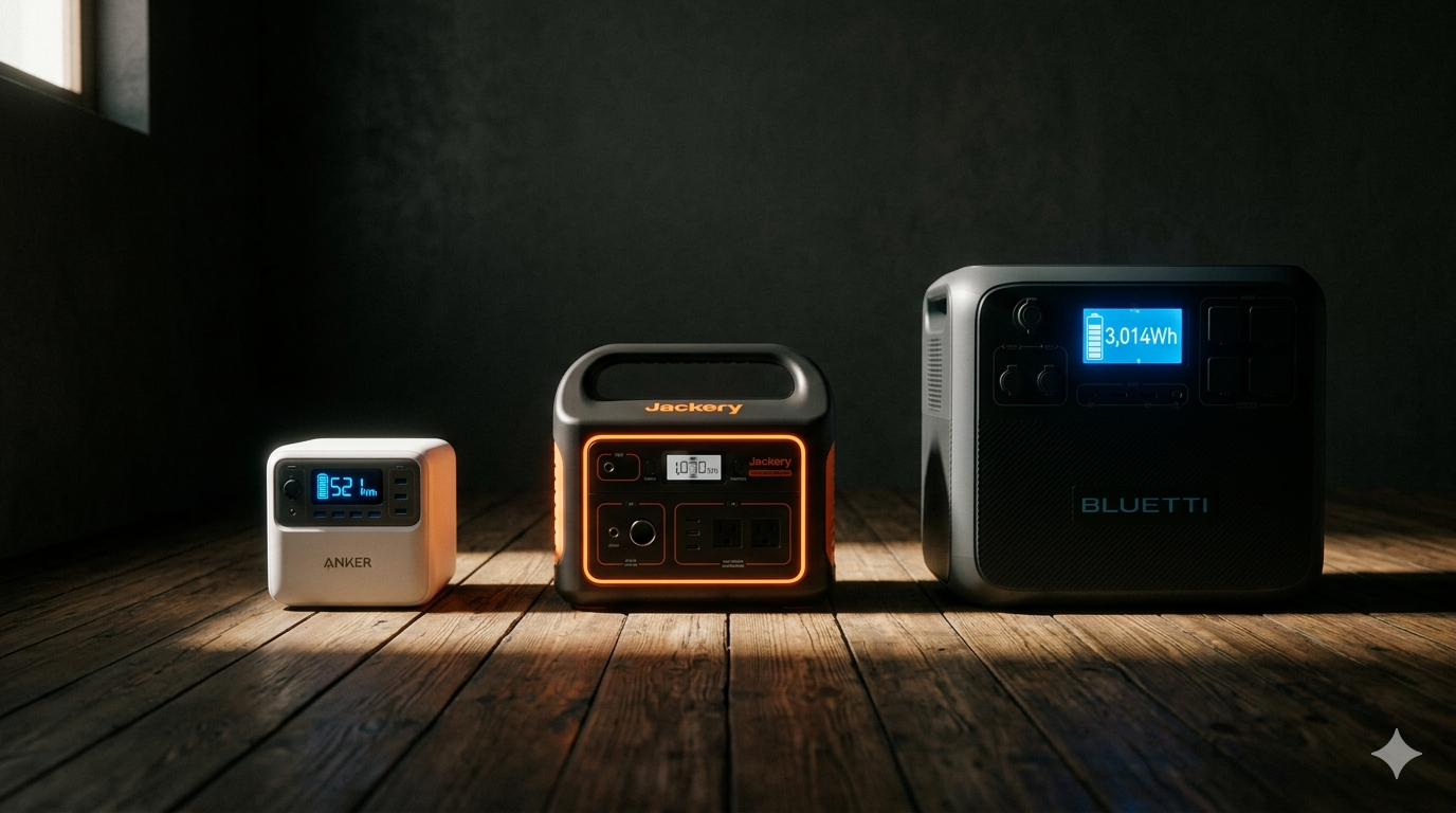 Anker521Wh・Jackery1070Wh・BLUETTI3014Whの3台を並べてサイズと容量を比較。圧倒的なサイズ差が一目瞭然
