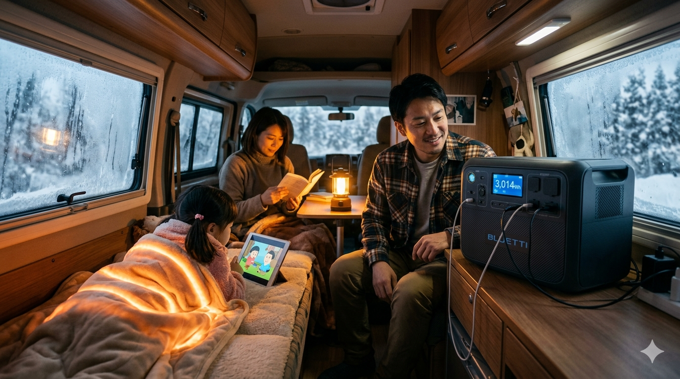 真冬の車中泊、BLUETTIポータブル電源で家族3人が快適に過ごす。子供がタブレット、母が読書、父が電源確認