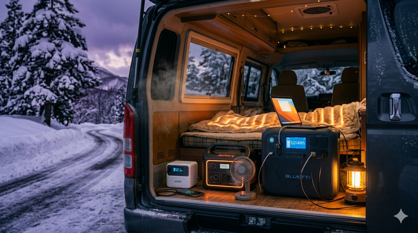 車中泊用ポータブル電源3台比較：Anker・Jackery・BLUETTIを並べて容量と用途の違いを視覚的に比較