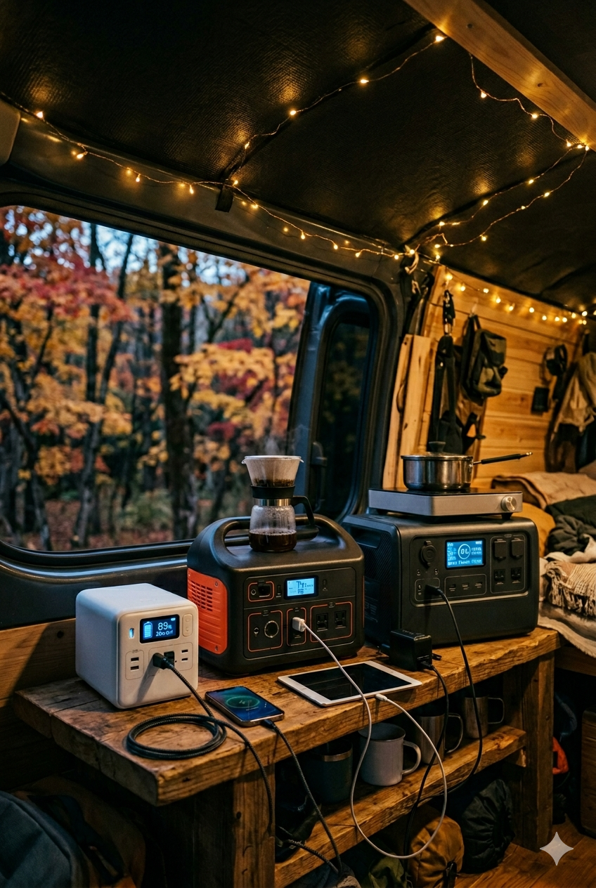 秋の夜の車中泊でAnker・Jackery・BLUETTIの3台のポータブル電源を並べて比較。それぞれ異なるデバイスに接続