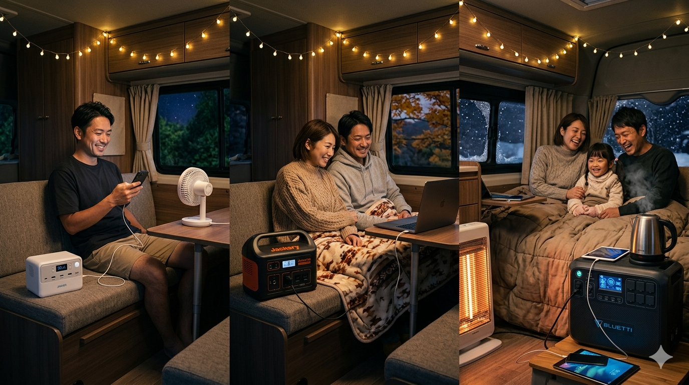 ソロ・カップル・ファミリーの3つの車中泊シーンをそれぞれAnker・Jackery・BLUETTIで対応する比較イメージ