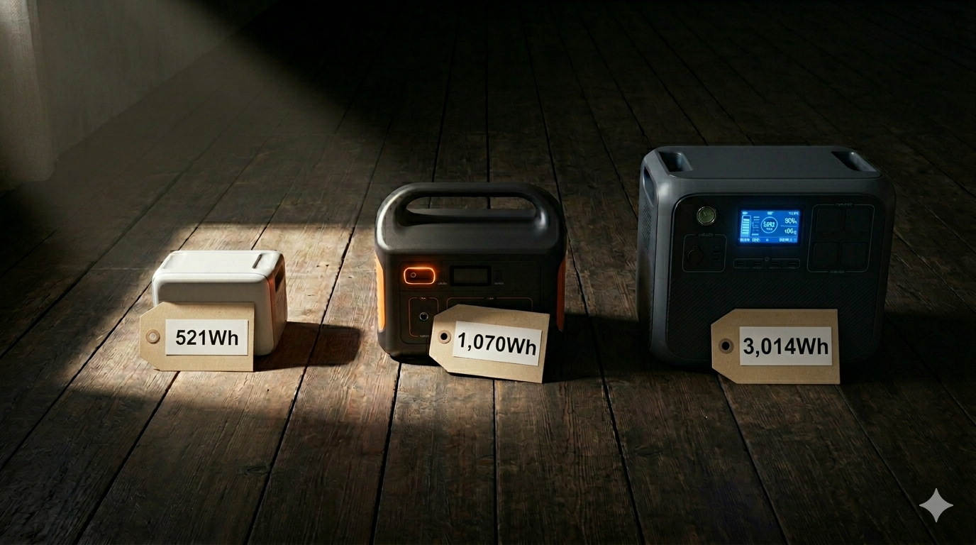 Anker521Wh・Jackery1070Wh・BLUETTI3014Whの3台をサイズと容量で比較。圧倒的なサイズ差が一目瞭然