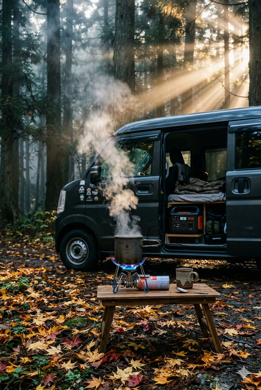 秋の夜明け、山の中でイワタニタフまるJrの青い炎でチタンポットを温める車中泊の朝。Jackeryポータブル電源が光る