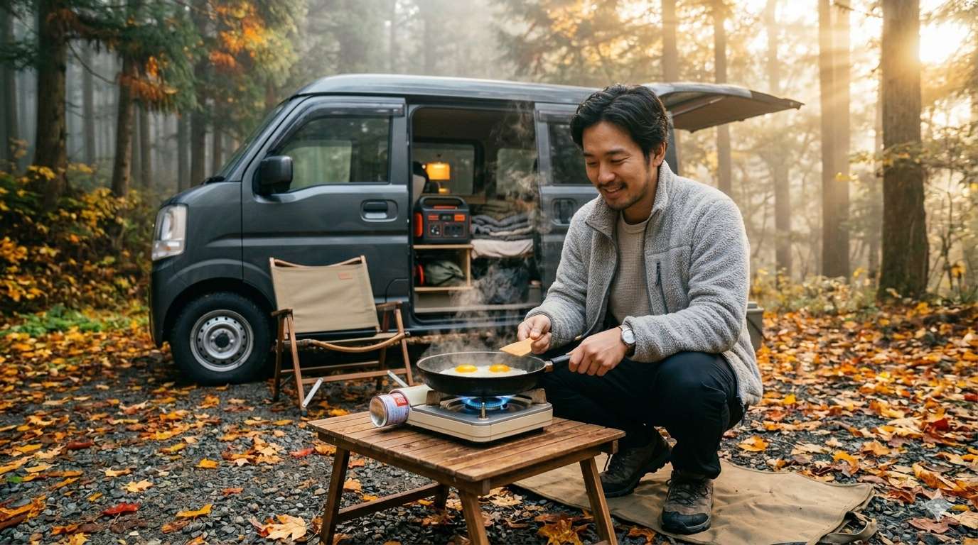 秋の朝、イワタニタフまるJrで目玉焼きを作る男性。Jackeryポータブル電源が光る車のドアの前で朝食調理