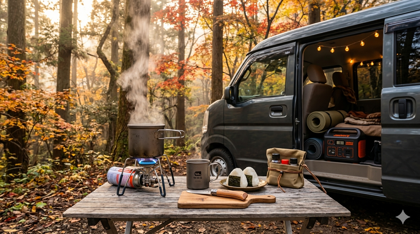 タフまるJrを中心にしたソロ車中泊の完全朝食セットアップ。チタンポット・WAQチタンマグ・おにぎり・Jackery電源