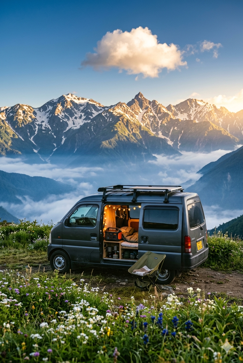 夏の朝、日本アルプスの高山草原にポツンと停まる車中泊の車。眼下に雲海、頭上に青空、野の花が咲き乱れる