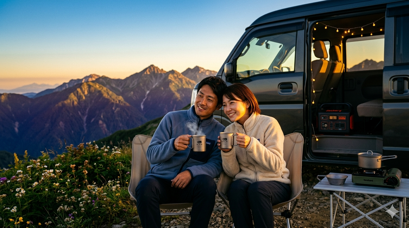 高山草原で夕暮れを眺めるカップル。WAQチタンマグを手にして山岳パノラマを前に椅子に座る。Jackery電源が光る