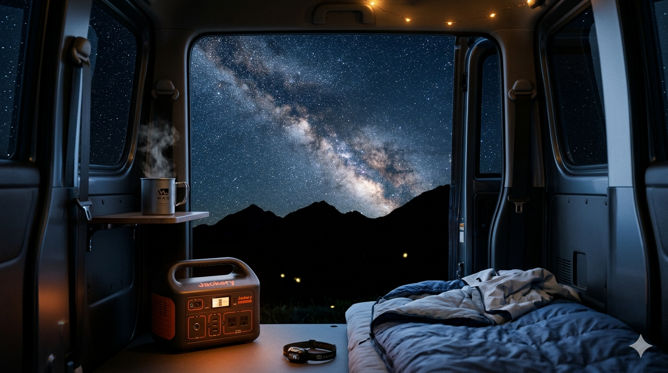 夏の高山で星空と天の川を望む車中泊。開いたスライドドアから満天の星が見える。Jackery電源とホタルが光る
