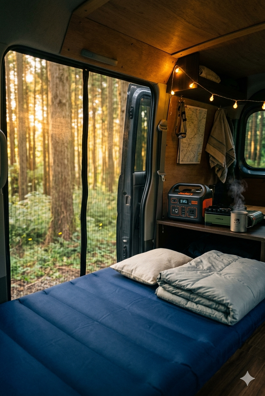 初めての車中泊の夜、完璧に整理された車内セットアップ。寝袋・Jackery電源・タフまるJr・WAQマグ・フェアリーライト
