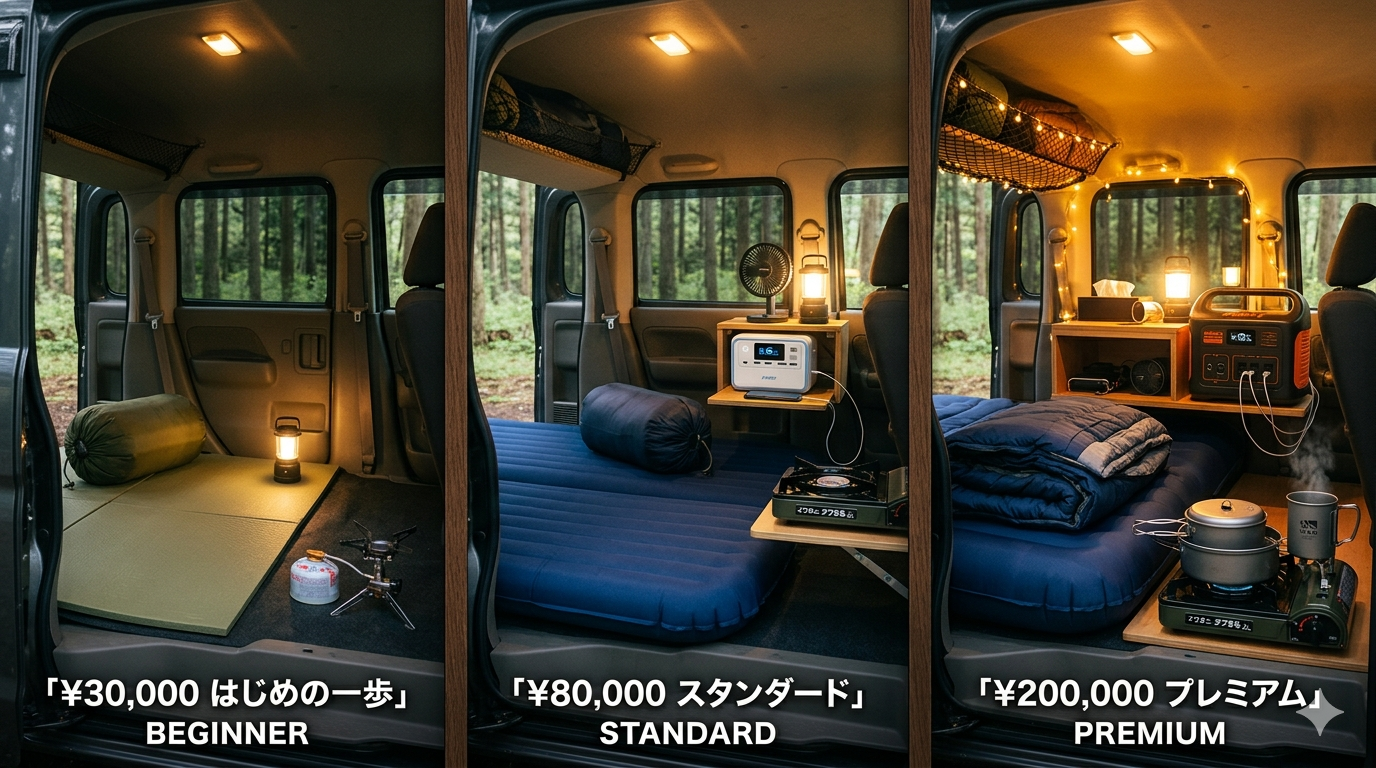 初めての車中泊の夜、スマホを見て笑顔の女性。Jackery電源でスマホを充電しながらフェアリーライトの下でくつろぐ
