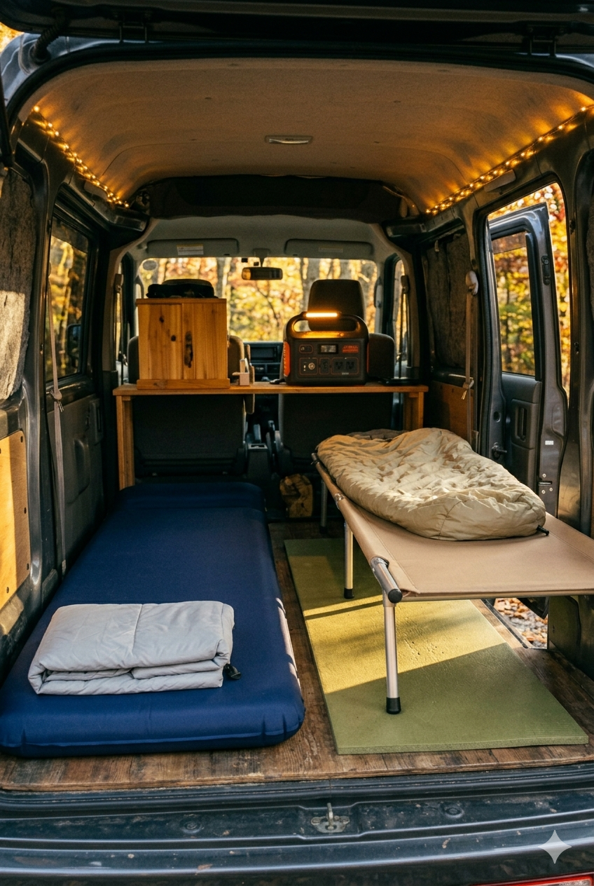 秋の朝の車中泊、インフレータブルマット・コット・フォームマットの3種類を並べて比較。Jackery電源が光る