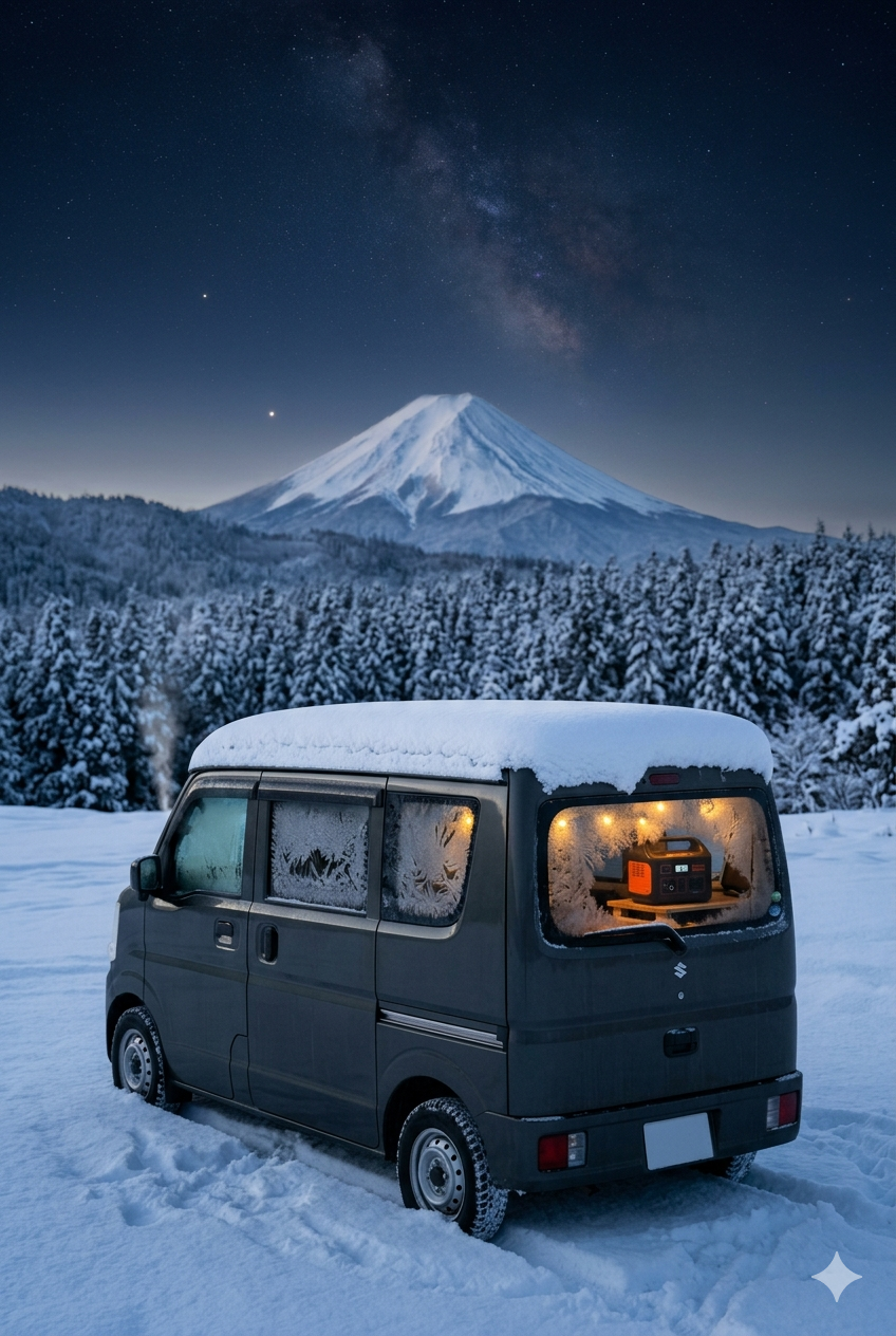 午前5時47分、雪に埋もれた山の車中泊。Jackeryポータブル電源が67%を表示。遠くに富士山のシルエット、金星が輝く