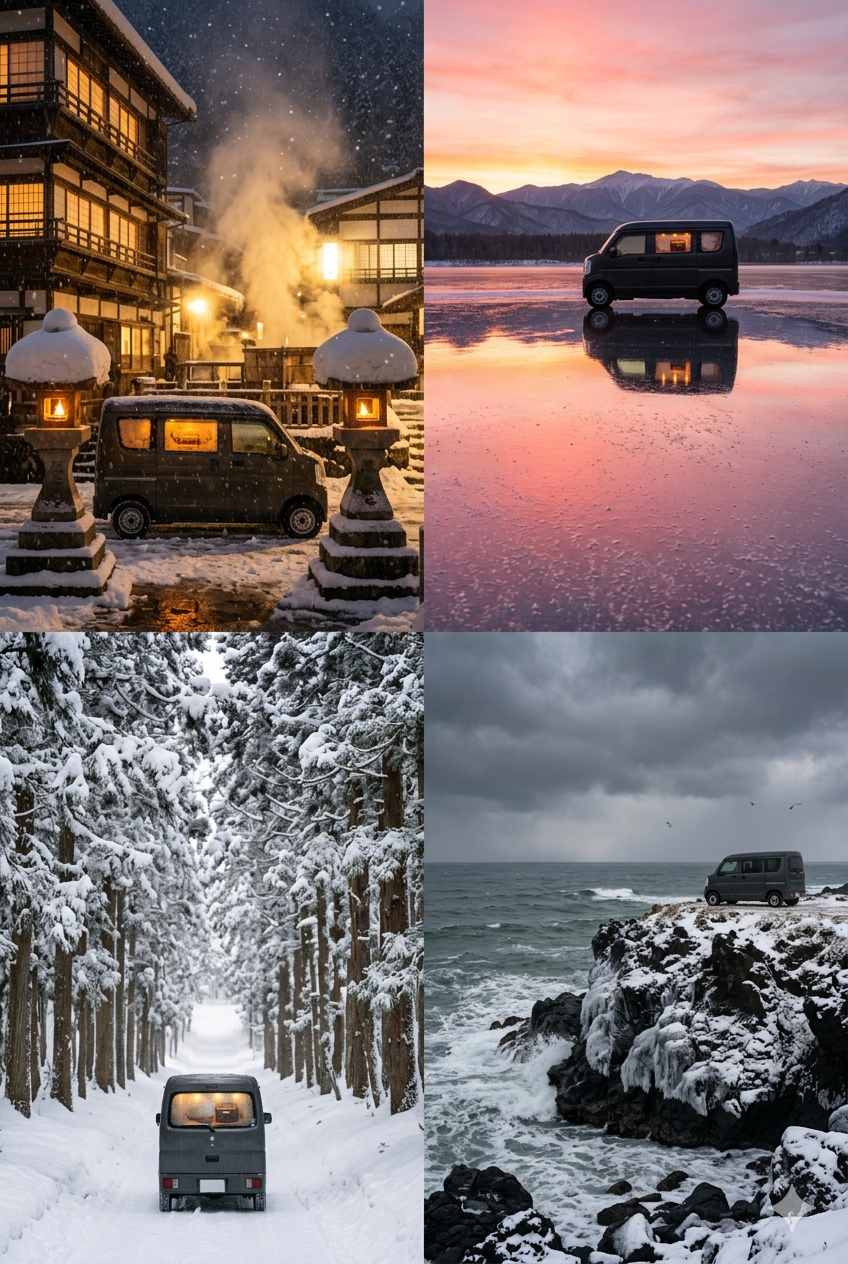 冬の車中泊4つのスポットタイプ:温泉の夜・凍った湖の夜明け・雪の杉トンネル・冬の太平洋岸のコラージュ