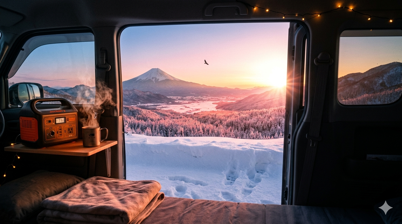 雪に半分埋もれた車中泊の車、後部ドアが開いて冬の日の出パノラマが見える。Jackery電源71%表示、WAQマグから湯気