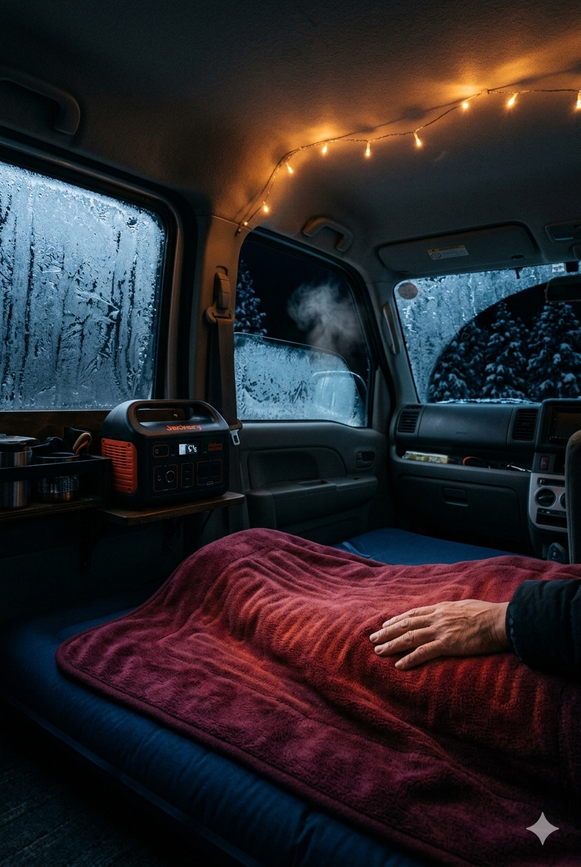冬の夜、電気毛布でJackery 34W消費、-8℃の雪山車中泊。窓に霜、オレンジのJackery光が温もりを演出