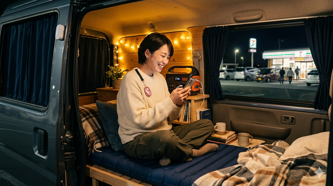 道の駅の駐車場でスマホでビデオ通話する女性ソロ車中泊。Jackery78%、防犯ブザー装着、カーテンで外から見えない